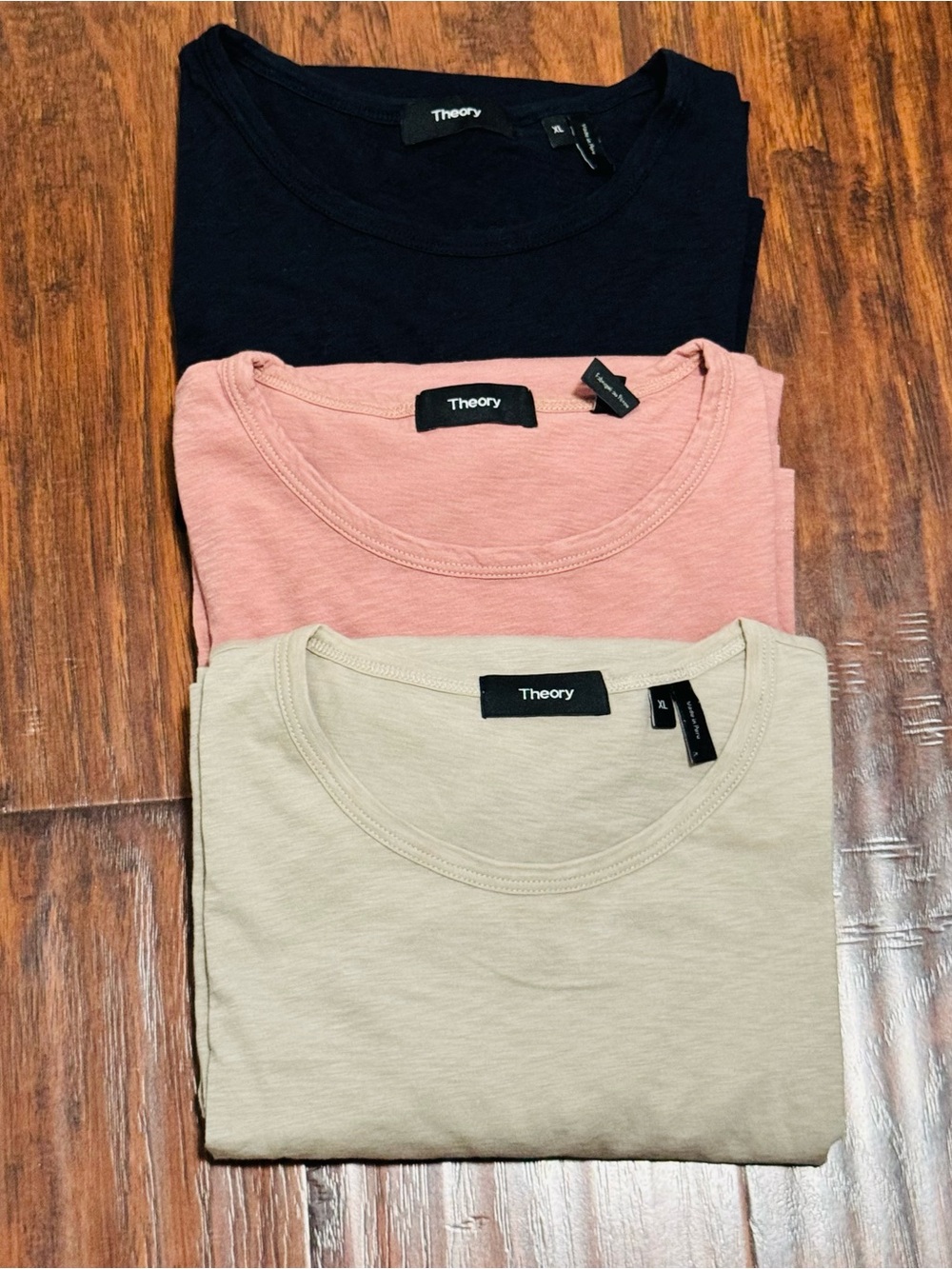 Theory Short Sleeve Crewneck Tee Trio in Black, Salmon, Khaki